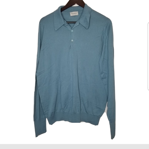 John Smedley Polo Longsleeves Sweater 100% sea Island Cotton Size XL Blue - Picture 2 of 7